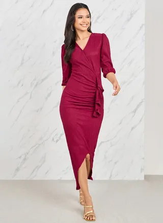 Textured Ruffle Detail Bodycon Maxi Dress 