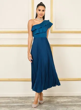 Pleated Ruffled One Shoulder A-line Maxi Dress 