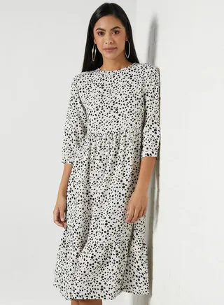 Chiffon Midi Polka Dots Dress White/Black 