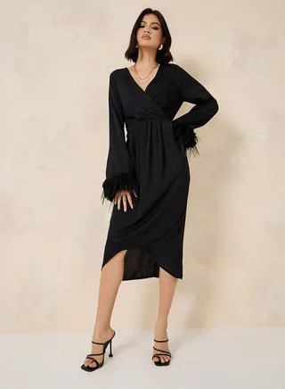 Faux Feather Trumpet Sleeve Wrap Front Midi Dress 