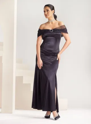 Satin Off Shoulder Mesh Drape Embellished Maxi Dress with Side Slit 