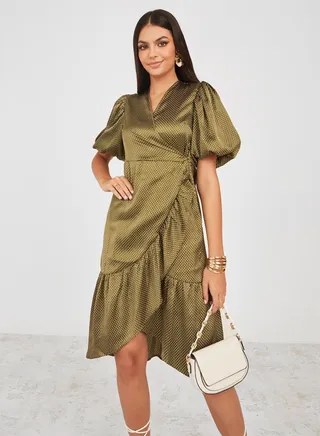 Polka Dot Satin Wrap Knee Length Dress 