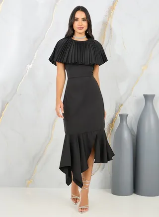 Pleated Cape Sleeves Bodycon Midi Dress 