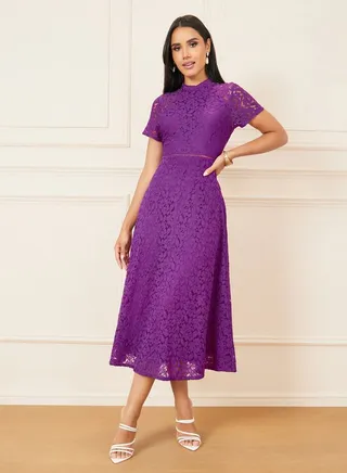 All Over Lace High Neck A-Line Midi Dress 