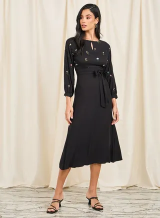 Embroidered Self Tie Up A-Line Midi Dress 