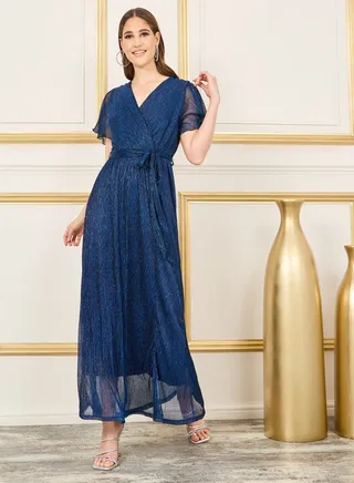 Shiny Plisse A-Line Maxi Dress with Self Tie Up 
