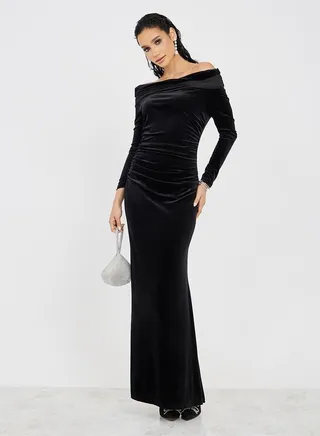 Velvet Look Off Shoulder Sheath Maxi Dress 