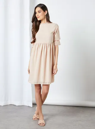 Chiffon Solid Design Dress Beige 