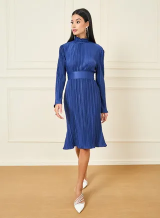 Accordion Pleated High Neck Knee Length Dress with Back Bow Tie 