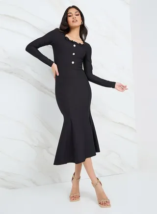 Square Neck Button Detail Bodycon Midi Dress 