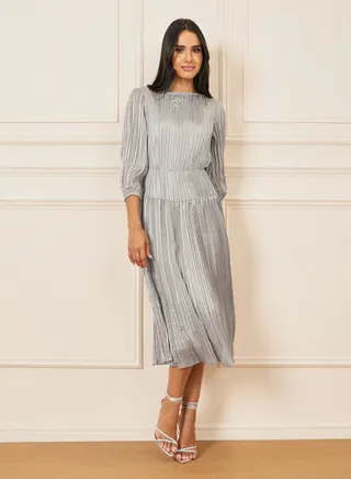 Lurex Striped Pleated Tiered Midi Dress 