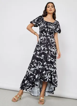 Square Neck High-Low Hem Tiered Maxi Dress 