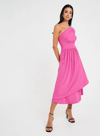 One Shoulder Neck Ribbed A-Line Midi Dress 