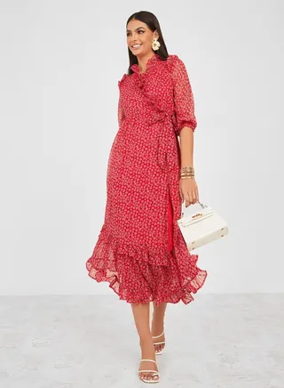 Ditsy Floral Ruffled Wrap Midi Dress 