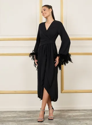 Faux Feather Trim Sleeves Wrap Style Midi Dress 
