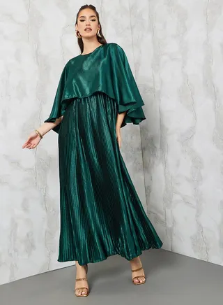 Cape Sleeve Plisse A-Line Maxi Dress 