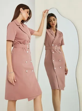 Notch Lapel Belted Blazer Knee Length Dress 