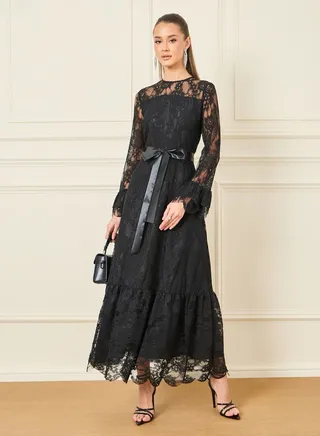 All Over Lace Satin Bow Tie A-Line Maxi Dress 
