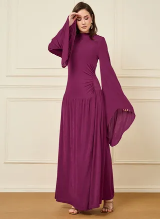 Asymmetrical Flute Sleeve A-Line Maxi Dress 