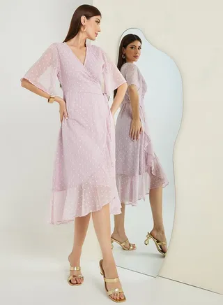 Dobby Ruffle Hem Wrap Midi Dress 