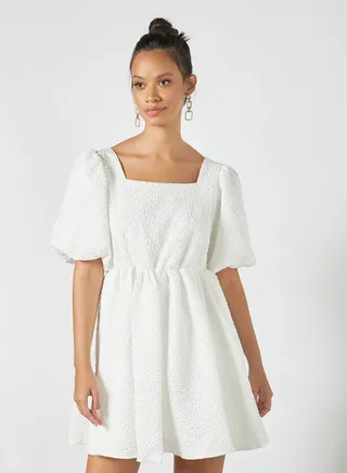 Jacquard Puff Sleeve Mini Dress Ivory 