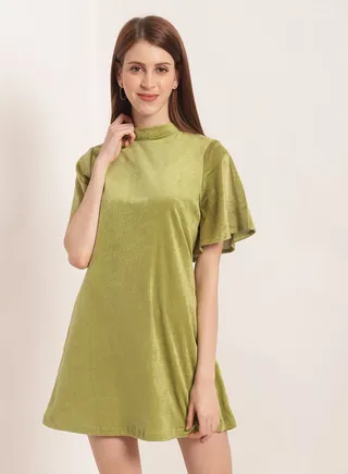 Solid Design Short Sleeves Dress Olive 