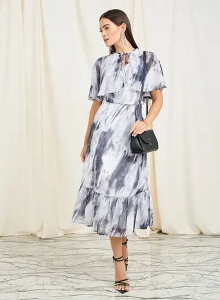 Overlay Marble Print A-Line Midi Dress 