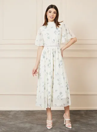 Floral Print Lace Waist Detail A-Line Midi Dress 