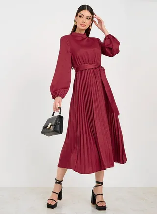 High Neck Pleated A-Line Midi Dress 