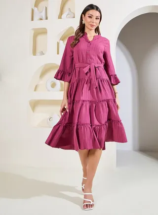 Textured Collared Tiered Midi Dress with Self Tie Up 