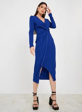 Knotted Wrap Front Bodycon Midi Dress