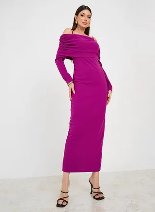 Fold Over Off Shoulder Sheath Maxi Dress 