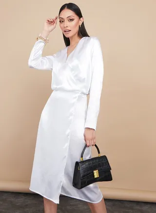 Smooth Satin Wrap Style Woven Midi Dress 