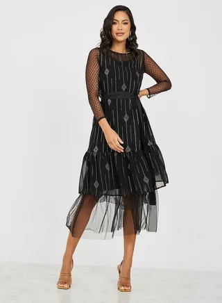 Mesh Insert Embellished Midi Dress with Tie Belt 