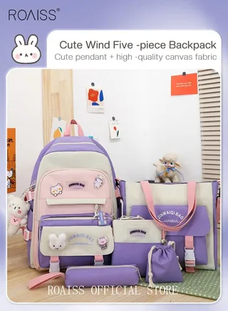5-Piece Set of Backpack Fashion Women's New Oxford Cloth Backpack Junior High School School Student Bag 