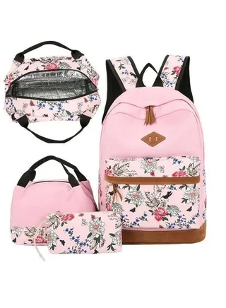 3-Piece Printedl Backpack Teens Girls Boys Kids School Bags Bookbag With Lunch Bag Pencil Pouch Pink 