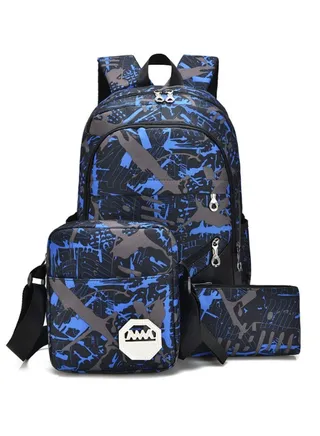 3-Piece Printed Backpack, Youth Backpack Set Handbag Shoulder Bag and Pencil Case, Leisure Travel Outdoor Hiking Bag - Blue 