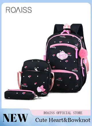 3pcs Heart and Bowknot Printed Graphic Cute Functional Backpack Set Schoolbag and Shoulder Bag and Pencil Case with Doll Pendant for Kids Girls 