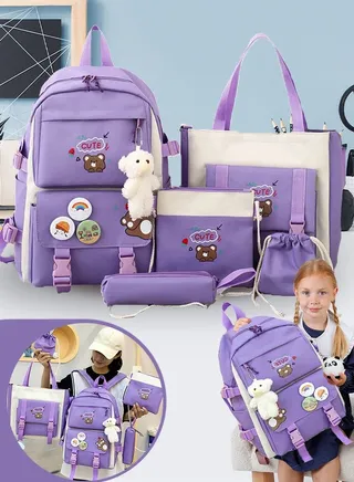 5 Pcs adult Backpack,School Bags Set Backpacks with Pendant Lunch Bag, Pencil Case, Handbag, Coin Purse for Teen Girls School Backpack 