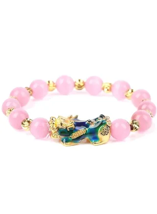 Feng Shui Pi Xiu 18k Plated Natural Stone Beads and Rose Quartz Fashion Bracelet for Woman 