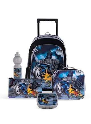 DC Batman 5-in-1 School Gear with 16-inch Kids’ Trolley Backpack - Extendable Telescopic Trolley, Soft Rubber Pullers, Thermal Insulation Lunch Bag, and Water-Resistant School Set 