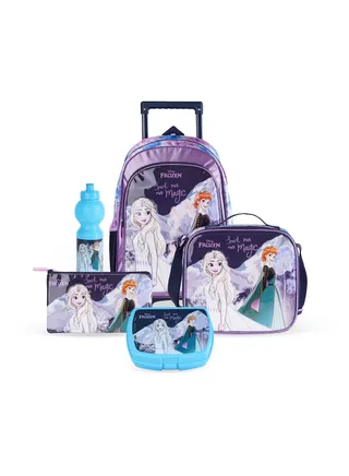Disney Frozen 5in1 Trolley Box Set 16" - Thermal Insulation, Waterproof Nylon, Extendable Aluminum Trolley, Lunch Bag, Pencil Case, Water Bottle, and Coin Pouch. 