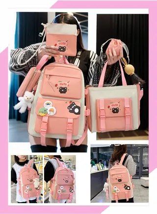 Student backpack, Fashionable and Casual Backpack, Cute Canvas Backpack Set, Teenage Popular Backpack gift pendant, Campus Backpack Set, Couple backpack(Pink) 