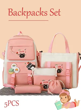 5 Piece Canvas Backpack Set Teen Girls Boys Backpacks School Bags Teen Girls Cute School Bags Student School Bag Set Canvas Backpacks Shoulder Bags Travel Backpacks Casual Backpacks 