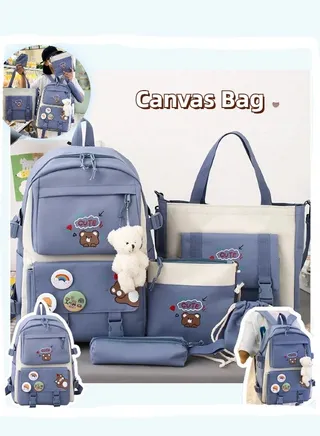 5 pcs Backpack Set, School Bag Kids' Book bag, Casual pack, Travel Backpack, include Shoulder Bag,Handbag,Drawstring&Pencil Bag for Boys or Girls 