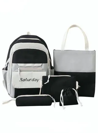 5 Pcs Letter Graphic Colorblock Backpack Set Large Capacity School Bag Shoulder Totes Pencil Case for Kids Black/Grey 
