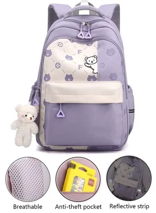 Backpack Waterproof Book Bag with Compartments for Teen Girl Kid Students Large Capacity and Reflective Strip Purple 