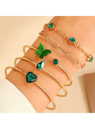 Set of 5 Geometric Bracelets in Green with Diamonds 