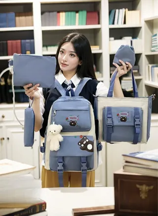 Student backpack, Fashionable and Casual Backpack, Cute Canvas Backpack Set, Teenage Popular Backpack gift pendant, Campus Backpack Set, Couple backpack(Blue) 