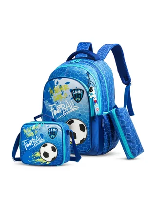 Eazy Kids-17" School Bag Lunch Bag Pencil Case Set of 3 Football-Blue 